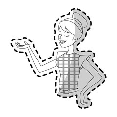 happy pretty woman with stretched arm icon image vector illustration design 