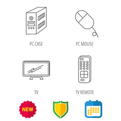 PC mouse, TV remote and computer icons. Widescreen TV linear sign. Shield protection, calendar and new tag web icons. Vector