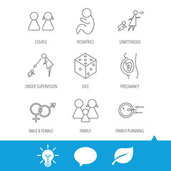 Fototapeta premium Pregnancy, pediatrics and family planning icons. Under supervision, unattended and baby child linear signs. Dice, male and female icons. Light bulb, speech bubble and leaf web icons. Vector
