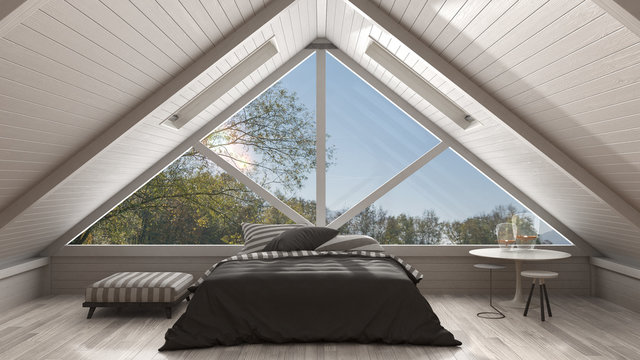Classic mezzanine loft with big panoramic window, bedroom, summer or spring garden meadow, minimalist scandinavian interior design
