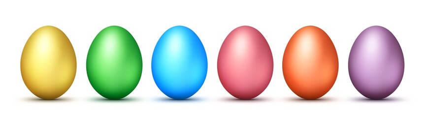 Color Easter eggs stand in a row on a white background.