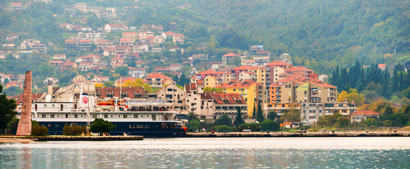 Kotor riviera. Liner moored at the shore, Montenegro