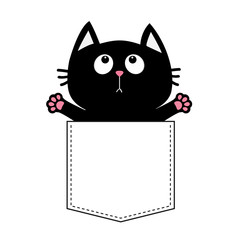 Black cat in the pocket ready for a hugging. T-shirt design. Open hand paw print. Kitty reaching for a hug. Funny Baby card. Cute cartoon character Pet collection Flat design White background Isolated