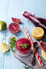 Chia pudding with red berry puree