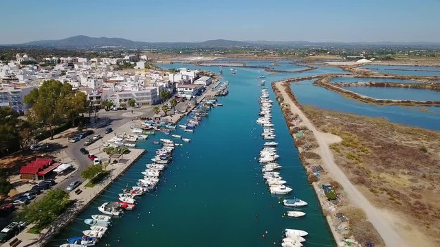 Aerial. View from the sky boats moored to pier. Fuseta Tavira