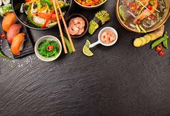 Asian food table with various kind of chinese food