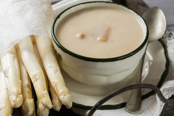 Spring season - white  asparagus soup, ready to eat