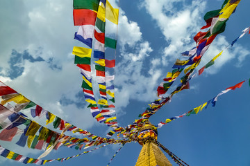 Top of Stupa Boudhanath with prayer flags, Kathmandu Valley, Nepal