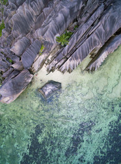 Seychelles Anse Source D'Argent beach , La digue island aerial landscape seascape top view