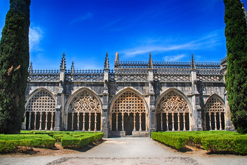 View of gothic medieval Batalha Monastery and ornamental garden, Portugal