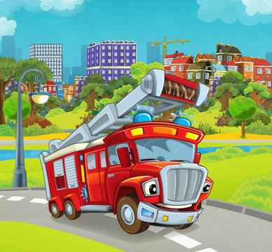 cartoon stage with happy vehicle - truck for firefighting