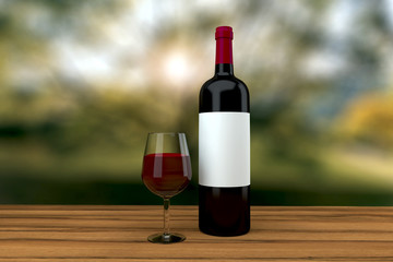 Fototapeta premium red wine glass and bottle on a wood table outdoor 3D rendering