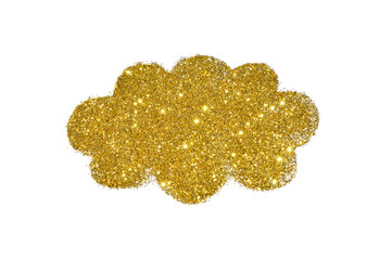 Cloud of golden glitter sparkle on white background. Can be used as place for text, for greeting or invitation card, etc