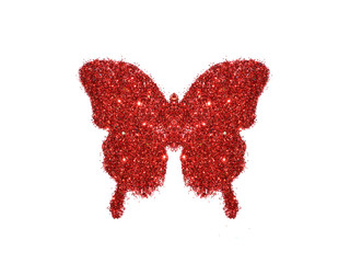 Butterfly of red glitter on white background, icon for your design
