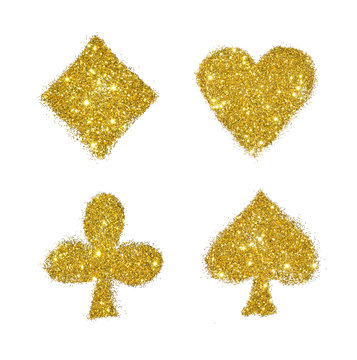 Suits of playing cards of golden glitter on white background, icon for your design