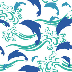 Seamless pattern of dolphins and waves. Graphic vector. Wallpaper. Symdol of the sea.