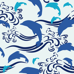 Seamless pattern of dolphins and waves. Graphic vector.