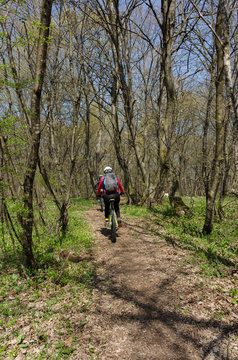 A young woman cyclingdeep into the forest