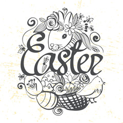 Ink hand drawn black and white Easter illustration ready for coloring
