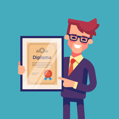 Handsome successful businessman holding diploma in his hands. Graduate of MBA. Modern vector illustration.