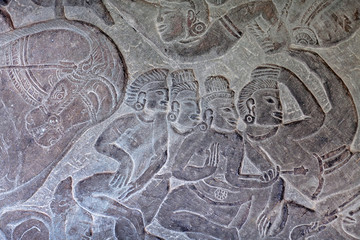 Ancient reliefs in Angkor Wat temple, Cambodia