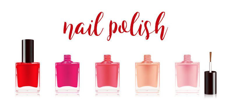 Different colors nail polish set. Nail varnish in the bottle with the bottle lid, isolated on white background. Vector illustration.