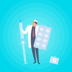 Doctor with syringe and tablets. Medicine, healthcare flat concept illustration. Medic protects patient health with pills, vaccine injection, cure and drug. Health care vector design element for web.