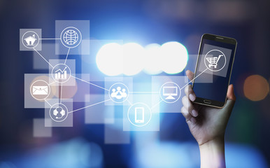 Man using mobile payments online shopping and icon customer network connection on screen, m-banking and omni channel