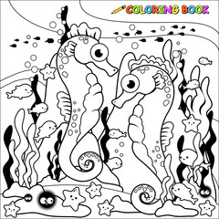 Seahorses and fish swimming underwater. Vector black and white coloring page.