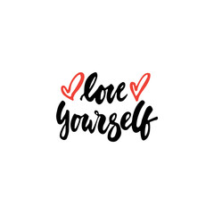 Love yourself - hand drawn lettering phrase isolated on the white background. Fun brush ink inscription for photo overlays, greeting card or t-shirt print, poster design.