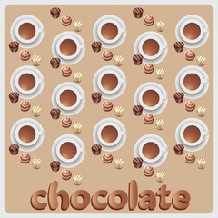 Chocolate candies and hot chocolate. The composition with the template. Design for candy boxes, textiles, napkins, wrapping paper,  hot chocolate,