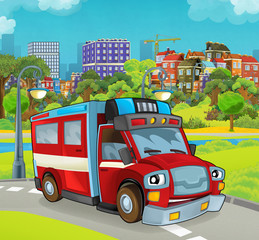 cartoon stage with happy vehicle - truck for firefighting