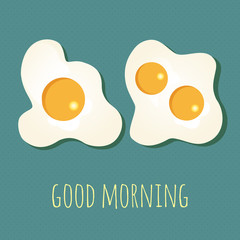 Fried eggs vector illustration. Flat morning meal, breakfast background with text.