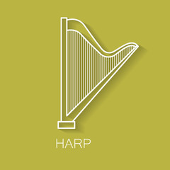 Music instrument retro line icon. Harp shape. Classic musical object. Vector decorative design background. Magazine cover. Marketing concept.