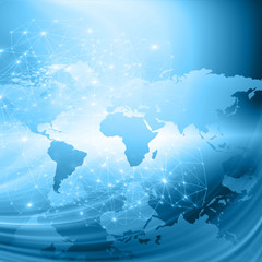 World map on a technological background, glowing lines symbols of the Internet, radio, television, mobile and satellite communications.