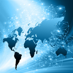 World map on a technological background, glowing lines symbols of the Internet, radio, television, mobile and satellite communications.