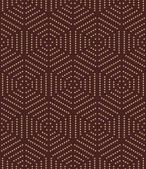 Geometric repeating ornament with golden hexagonal dotted elements. Seamless abstract modern pattern