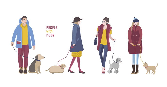 People walking with dogs. Colorful flat illustration.