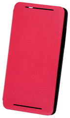 Red case for smart phone isolated on white background.