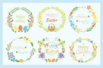 Happy easter hand drawn badge with hand lettering greeting decoration element and natural wreath handmade style vintage symbol spring flower vector illustration.