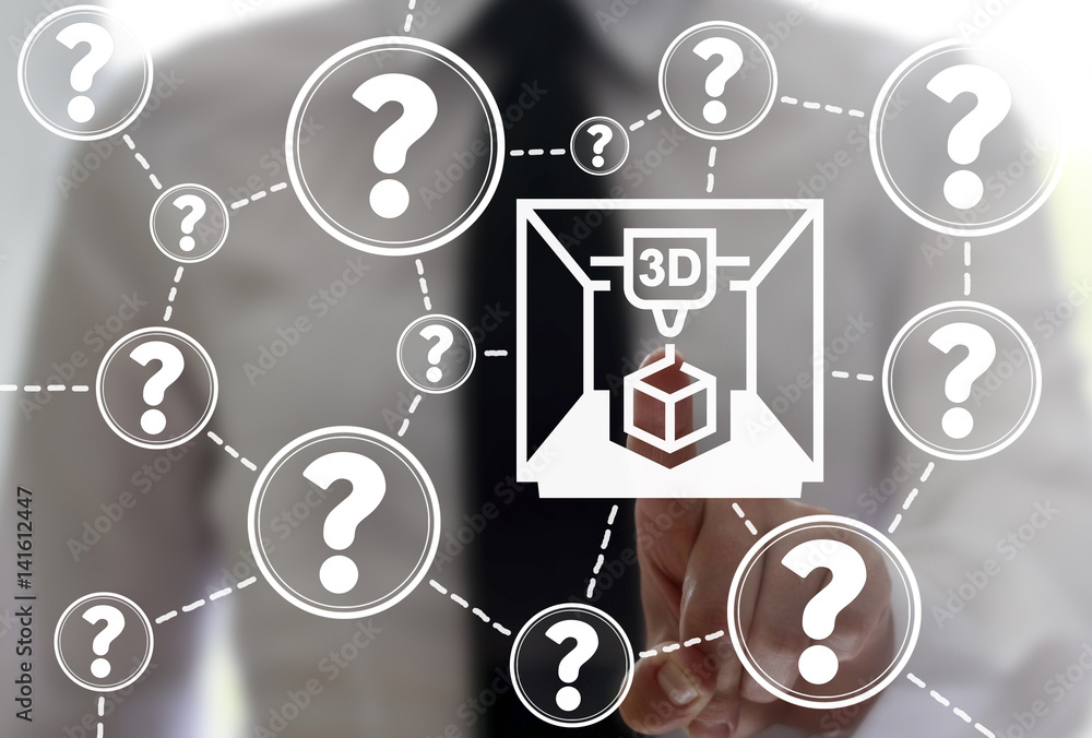 Poster 3d printing faq concept. frequently asked question - search information. man touched 3d printer icon
