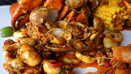 Seafood / Variety types of seafood such as mud crab, clam, squid, prawn