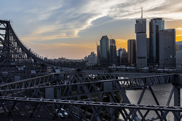 View from the top of Brisbane Story Bridge, with a colourful sunset over Brisbane City