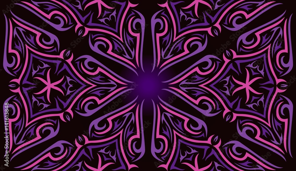 Poster abstract symmetrical oriental pattern on a dark background of geometric lines of the elements in vio