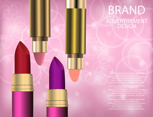 Glamorous Set of tubes with colour lipstick and balm on the sparkling effects background.