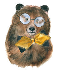 Bear. Animals hipsters. Street style. Children's illustration watercolor. - 141614215