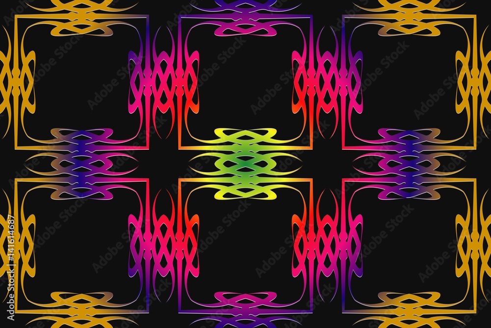Poster ornate abstract symmetrical pattern on a dark background of geometric elements of multi-colored line