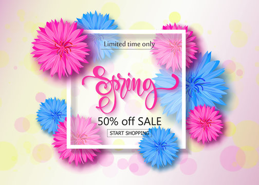 Spring sale background with flowers. Season discount banner. Vector illustration ,template. Wallpaper, flyers, invitation, posters, brochure.