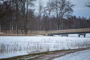 A beautiful winter landscape with a bridge over the frozen river