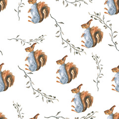 Squirrel pattern. Seamless with animals. Watercolor hand drawn illustration
